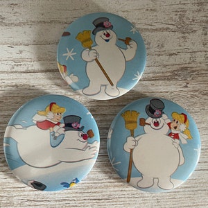 2.25&quot; Buttons Made with Repurposed Christmas Wrapping Paper Featuring Frosty the Snowman & Karen Gift Wrap