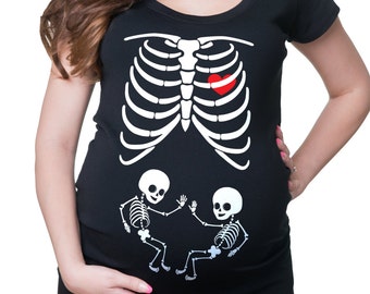 Skeleton Twins Maternity Top Halloween Pregnancy Top Birth Announcement Baby Announcement Tee Shirt