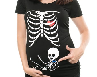 Skeleton X-ray maternity Shirt Pregnancy Tee shirt Baby BOY Bow Tie Halloween Shirt