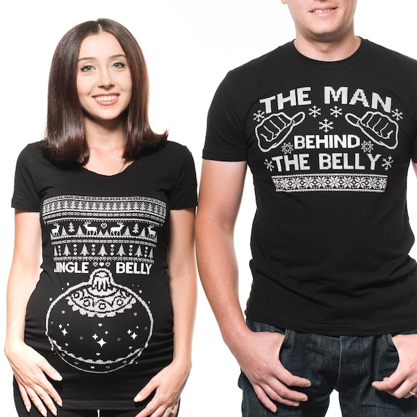 Christmas Couple T-Shirts Funny Ugly Christmas Sweater Tee Shirts Gift For Couple Jingle Belly Couple Tees maternity Best Christmas Gift Tee