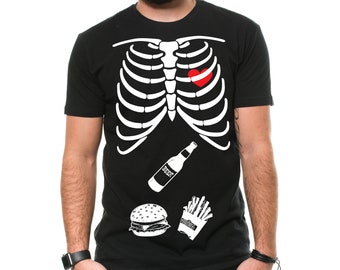 Skeleton Halloween Mens T-shirt Burger beer Fries Halloween Skeleton shirt