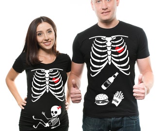 Skeleton Maternity Couple matching Shirts Baby GIRL maternity Shirt Bow Tie Pregnancy Tee shirt Halloween Costume X-ray Skeleton Shirt