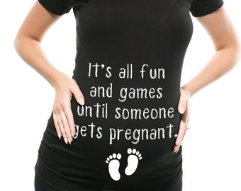 Maternity T-shirt Funny Pregnancy Top Fun and Game Pregnancy Announcement New Baby Shower Shirt