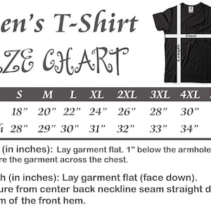 May include: Size chart for a t-shirt with measurements in inches for chest and length. Sizes range from S to 5XL.