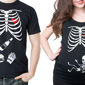 Skeleton Pregnancy Halloween Couple T-Shirts: Maternity Costume Set
