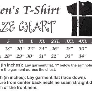 May include: A size chart for a t-shirt, showing chest and length measurements in inches for sizes S through 5XL.