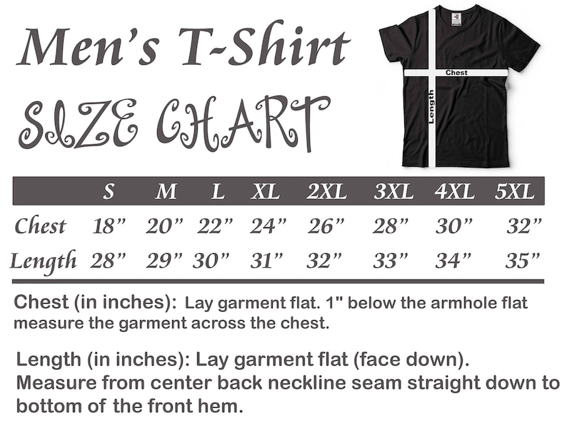 May include: A size chart for a t-shirt, showing chest and length measurements in inches for sizes S through 5XL.