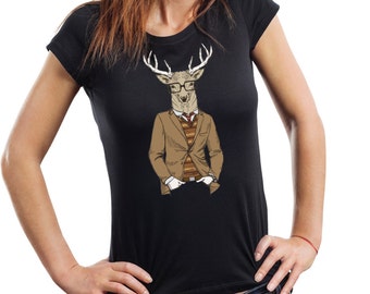 Deer Hipster Woman Top Ladies Junior Fit T-shirt Christmas Party Tee Shirt