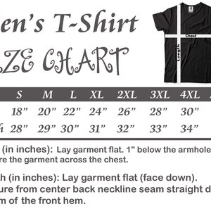 May include: Black t-shirt with a size chart. The chart displays chest and length measurements in inches for sizes S through 5XL. Instructions are included for measuring the chest and length of the garment.