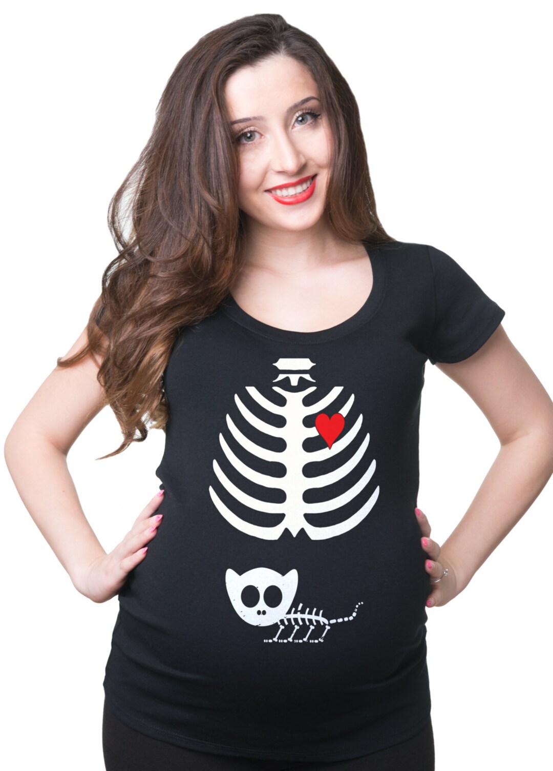 Pregnancy Tshirt Halloween Costume Cat Xray Skeleton Maternity Tee
