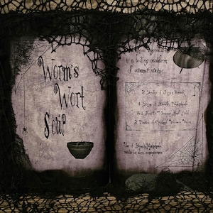May include: A vintage-style book with a black and white spiderweb design on the cover. The book is open to a page with the title "Worm's Wort Scrip" and a recipe for a potion. The recipe includes ingredients like "Fig's Breath", "Death Nightgales", and "Crushed Worm's Wort".