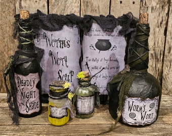 Nightmare Before Christmas Inspired Spell Book and Potions, Worm's Wort Soup, Jack and Sally, Halloween decorations, Jack Skellington