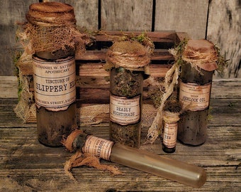 Apothecary Set in Wooden Crate, Halloween decorations, Halloween decor, witchy decor, apothecary, potions, potion bottle set, Halloween