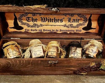 Witch's Apothecary Set: Handmade Halloween Potion Bottles in Wooden Box