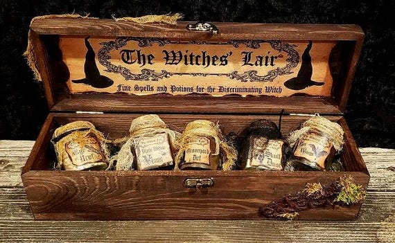 Witch's Apothecary Set: Handmade Halloween Potion Bottles in Wooden Box