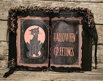 Vintage Halloween Book Decor: Black Cat, Crepe Fringe