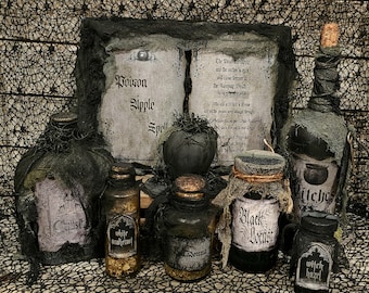 Poison Apple Spell Book and Potion Bottle Set, Halloween Home Decor, Halloween decor, Snow White, Evil Queen, witchy decor, Halloween party
