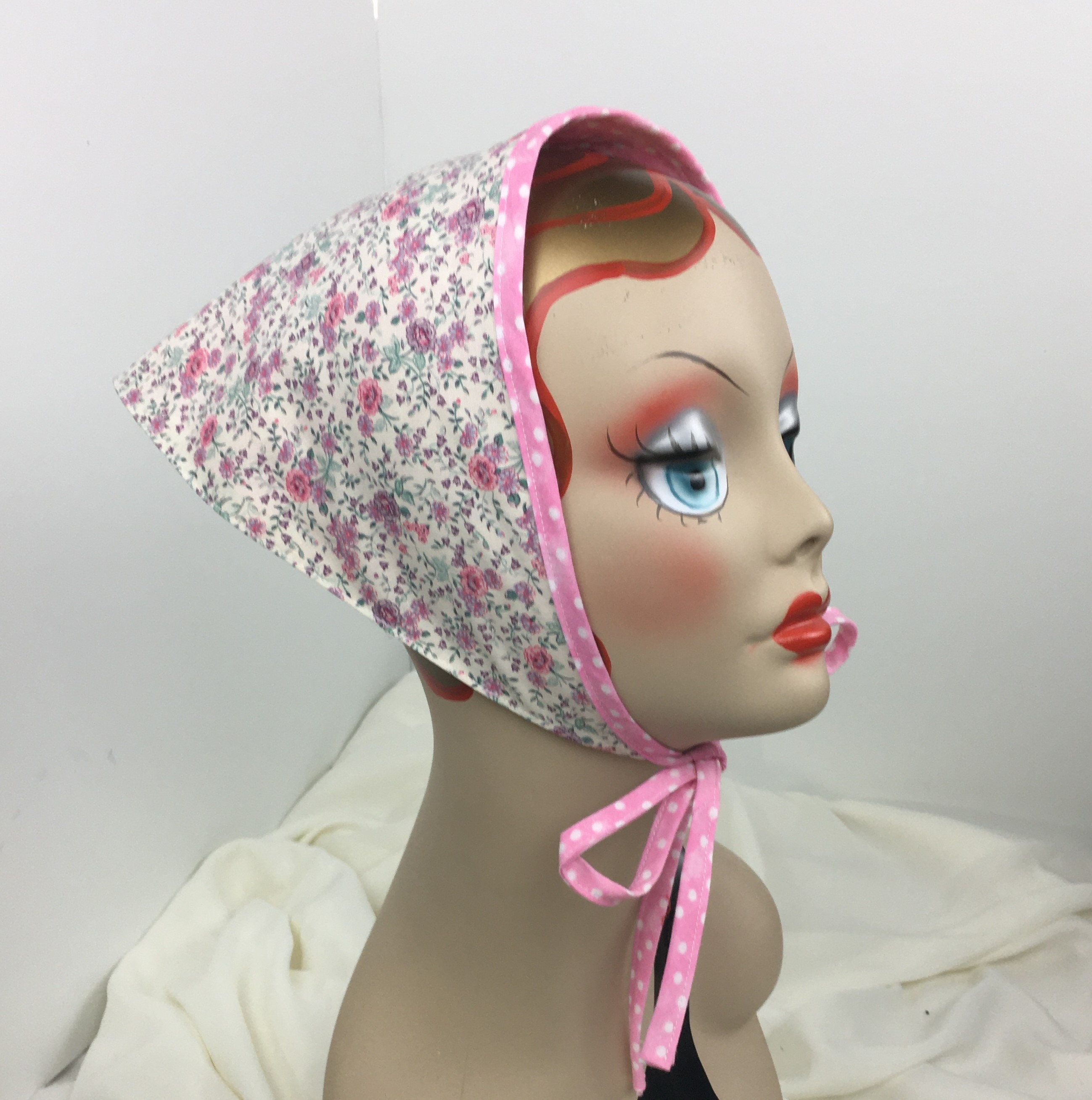 Small Head Scarf Triangle With Ties Reversible Flowers and Polka Dots