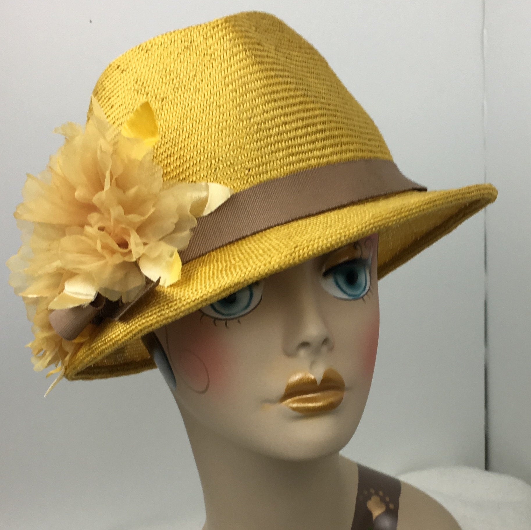 Fedora Parasisal Straw Hat Marigold Yellow Woman's Summer Large Size ...
