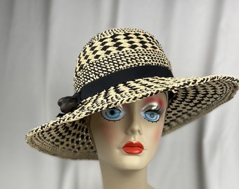 Straw Sun Hat, Natural and Black Check, Handmade Millinery, Adjustable Size