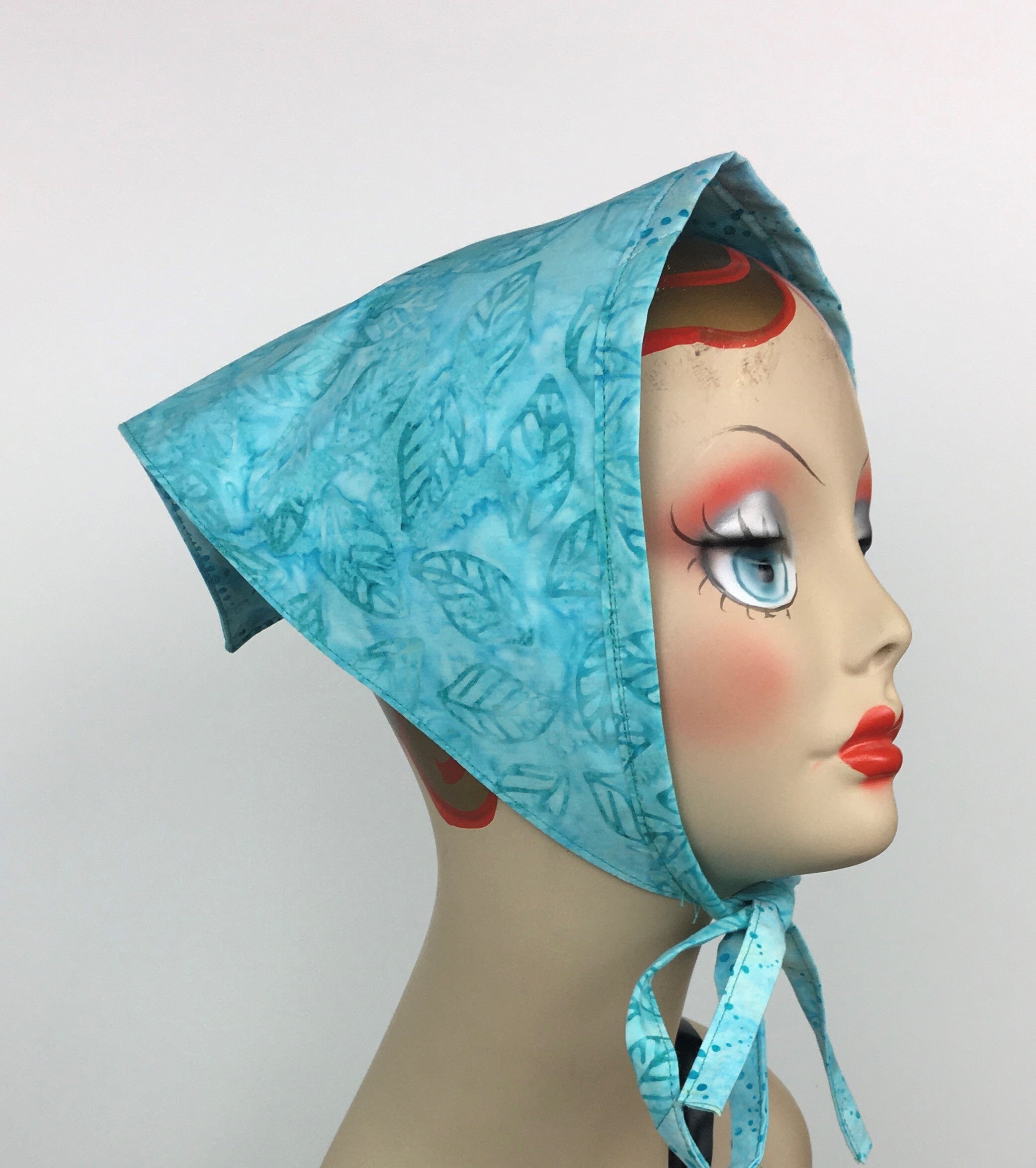 Head Scarf Cotton Triangle Reversible Aqua Batik Handmade Vintage Look