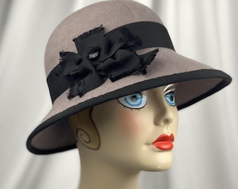 Cloche Hat, Wool Felt, Taupe and Black, Fall Hat, Winter Hat, Handmade millinery