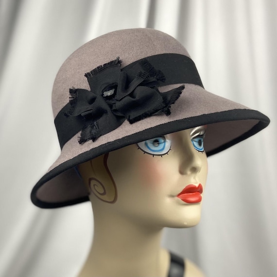 Handmade Wool Felt Cloche Hat: Taupe & Black Millinery - Etsy display picture 1