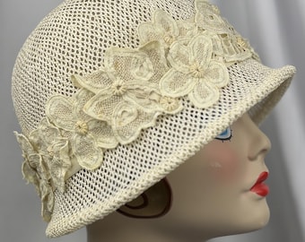 Vintage Inspired Cloche Hat, Ivory Straw, 1920s Style, Vintage Lace Trim