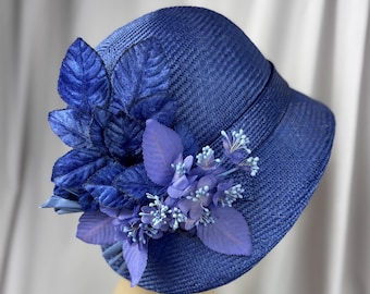 Royal Blue Cloche Hat, Parasisal Straw, 1920s Look,  Handmade Millinery