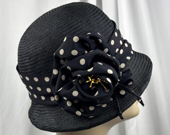 Black Cloche Hat,  Polka Dot Trim, Parasisal Straw, 1920s Look, Handmade