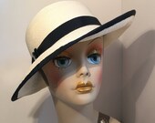 Women's  Summer Straw Hat Black and Cream Vintage Look