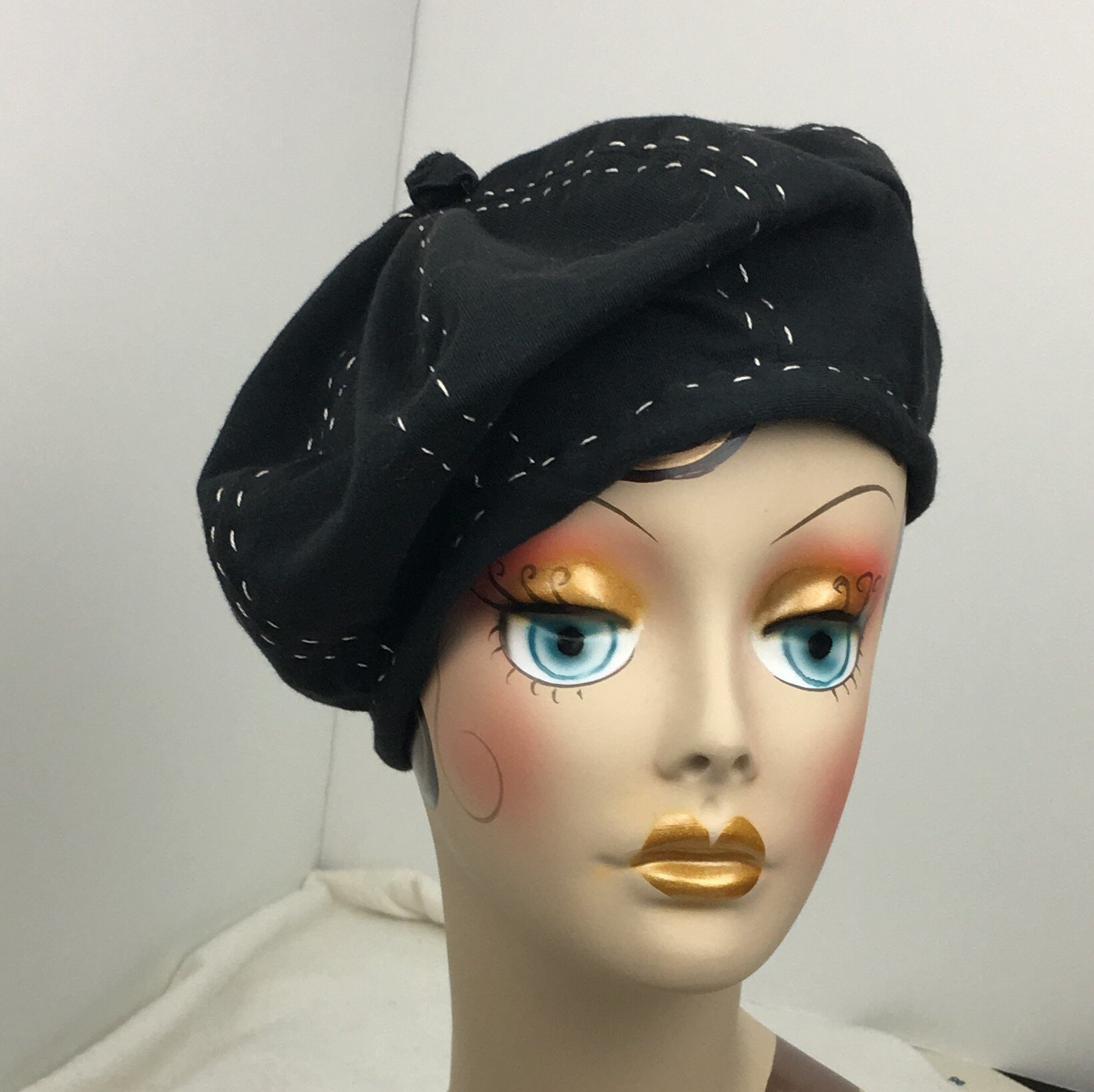 French Beret Organic Cotton Black and White Class ic 1930's Look Hand Stitched