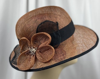 Sinamay Straw Hat, 1930s Style, Brown and Black, Summer Hat,Handmade Millinery