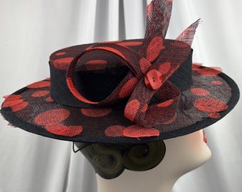 Polka Dot Boater, Perching Hat, Sinamay, Fascinator, Handmade Hat
