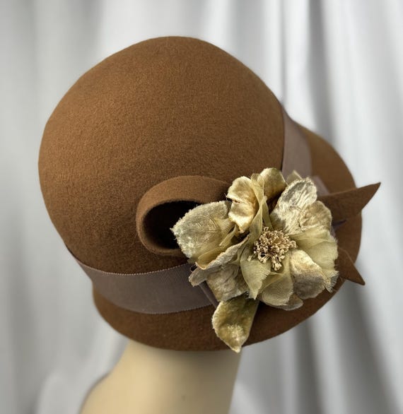 Vintage Dark Brown Cloche Felt Hat Velvet Ribbon Women main image 4
