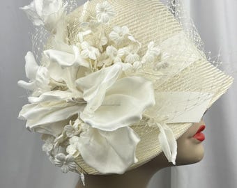 White Cloche Hat, Parasisal Straw, 1920s Style, Handmade Millinery