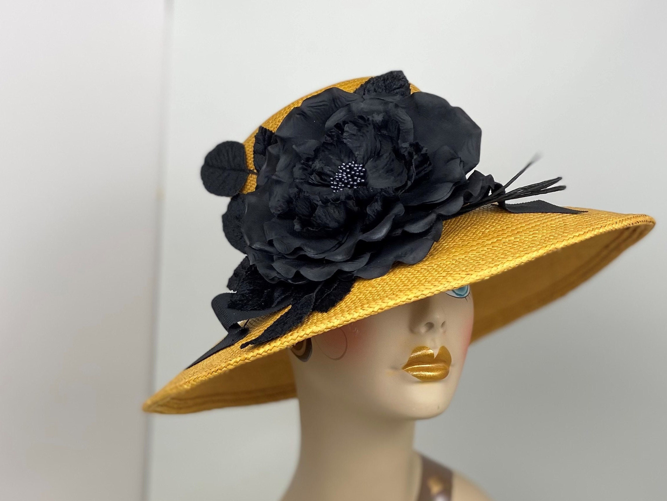 Panama Straw Hat Wide Brim Gold Black 