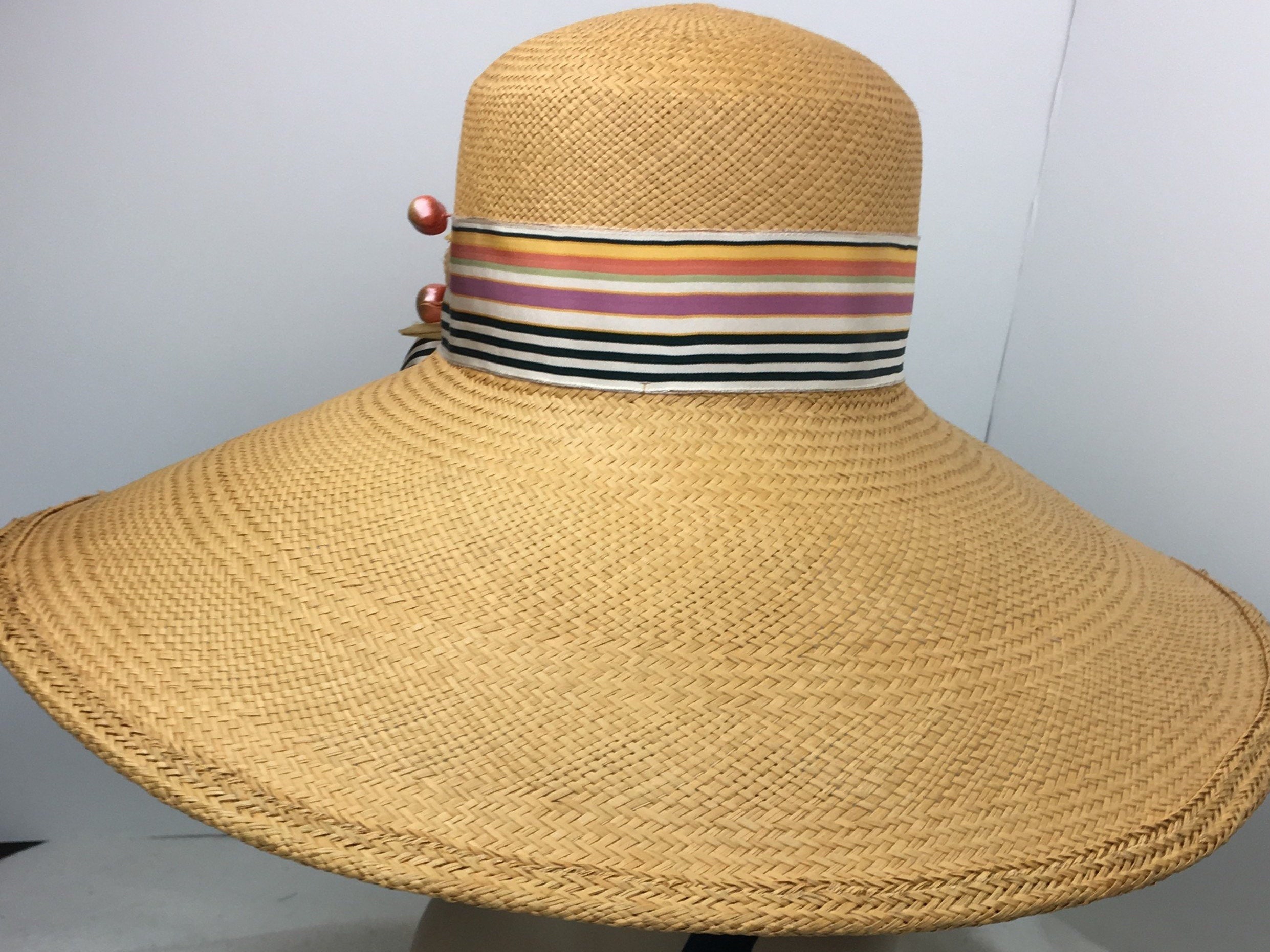 Panama Straw Hat Women Extra Wide Brim Gold Vintage Trim Sun Hat Garden