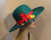 Panama Straw Millinery Hat Wide Brim Turquoise Woman's