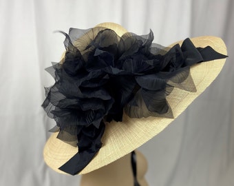 Fine Vintage Natural Straw for Derby Day,  Handmade Hat, Black Trim and Embellishment