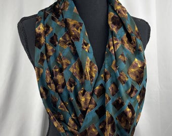 Teal Infinity Scarf: Gold and Burgundy Burnout Velvet, Handmade