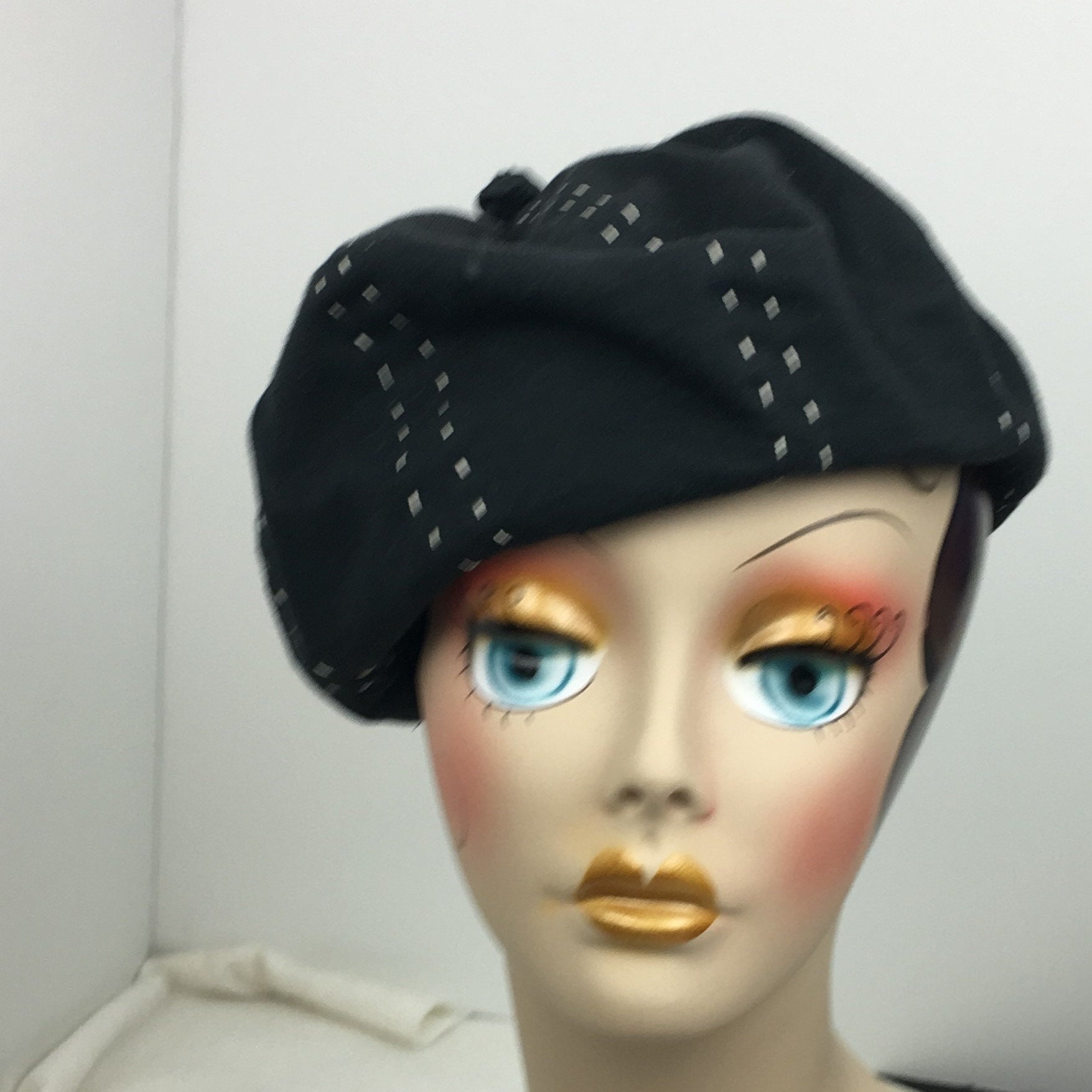 French Beret Organic Cotton Black and White Class ic 1930's Look Hand Stitched