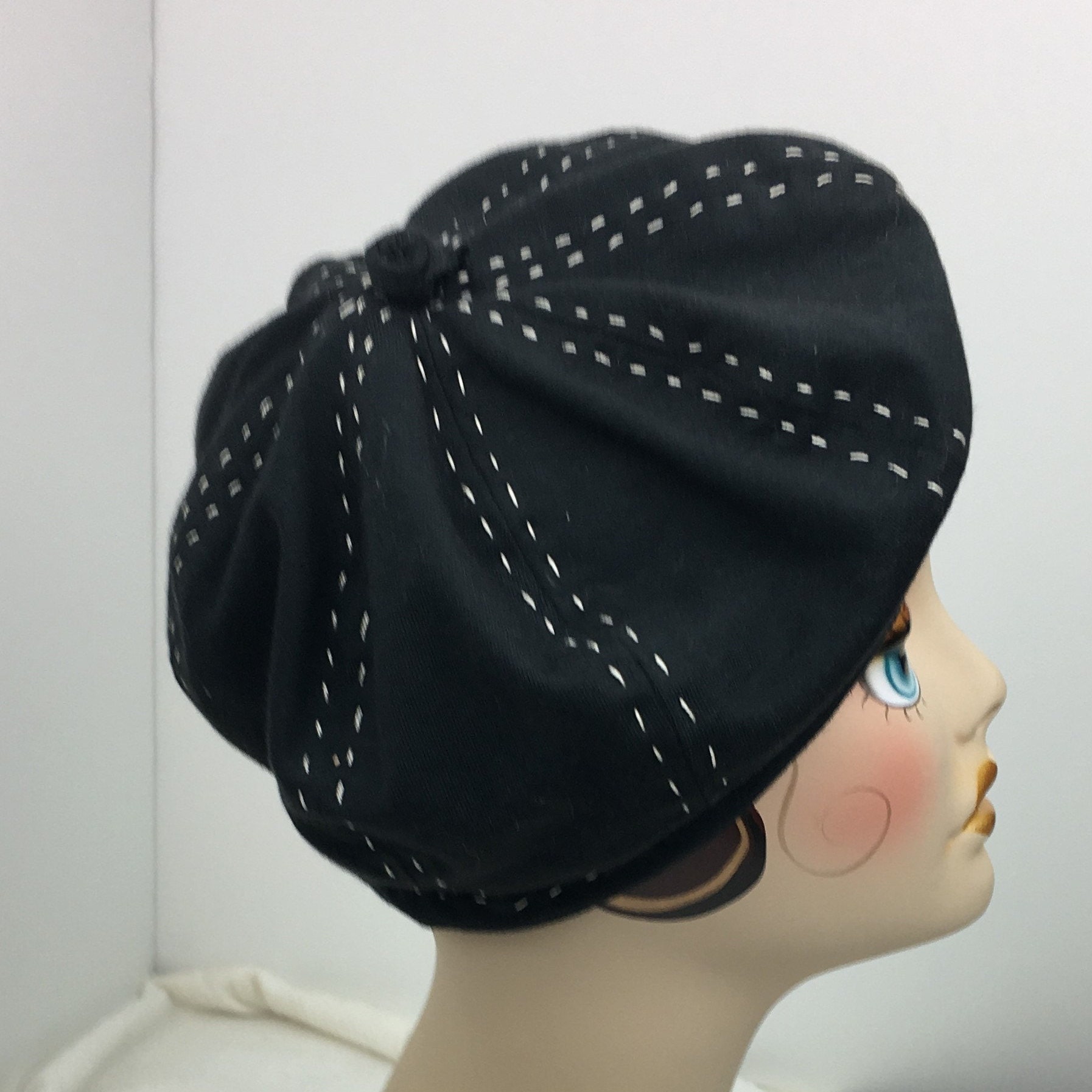 French Beret Organic Cotton Black and White Class ic 1930's Look Hand Stitched