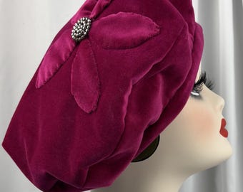 Raspberry Velveteen Beret,  Dressy,  Elegant, Folds for Travel, Handmade Hat