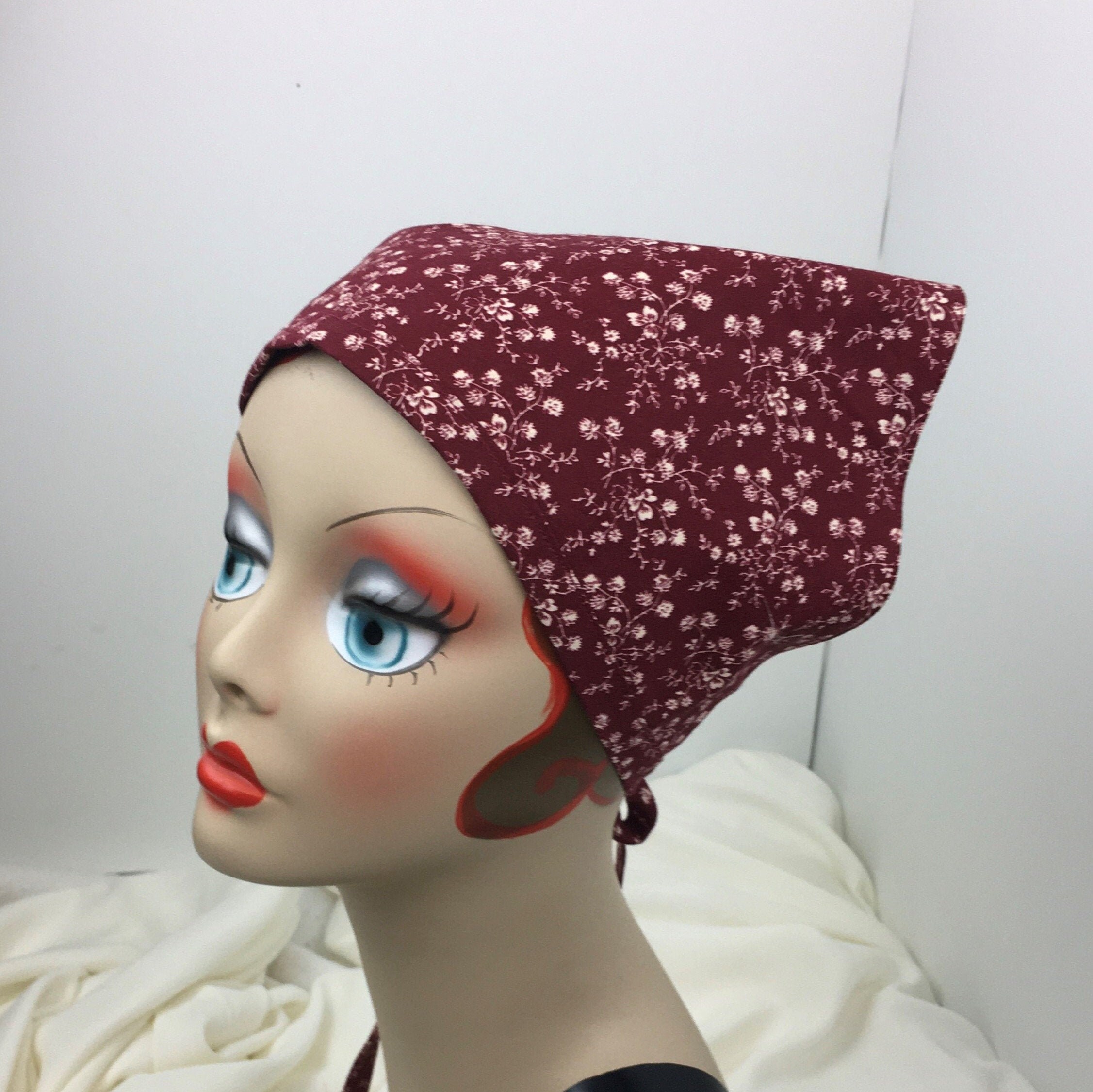 Cotton Head Scarf Triangle Vintage Look Dark Red Print Washable