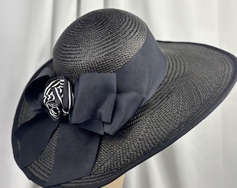Black Wide-Brim Panama Straw Hat,  Derby Ready, Sun Protection, Handmade Millinery