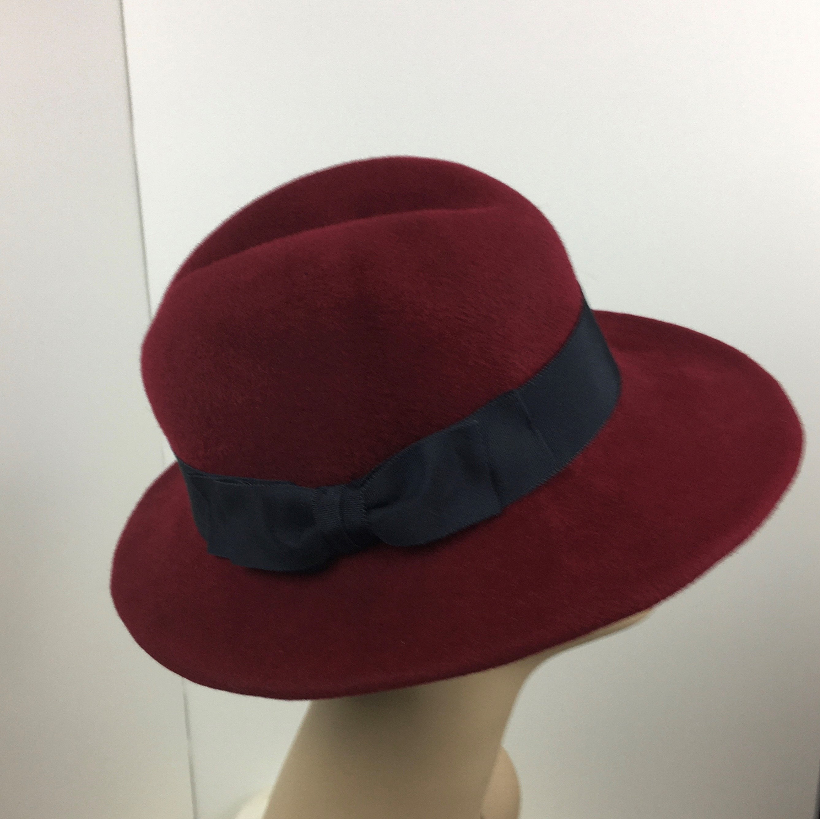 Handmade Woman's Fedora Hat Velour Felt Cranberry Navy Medium Classic