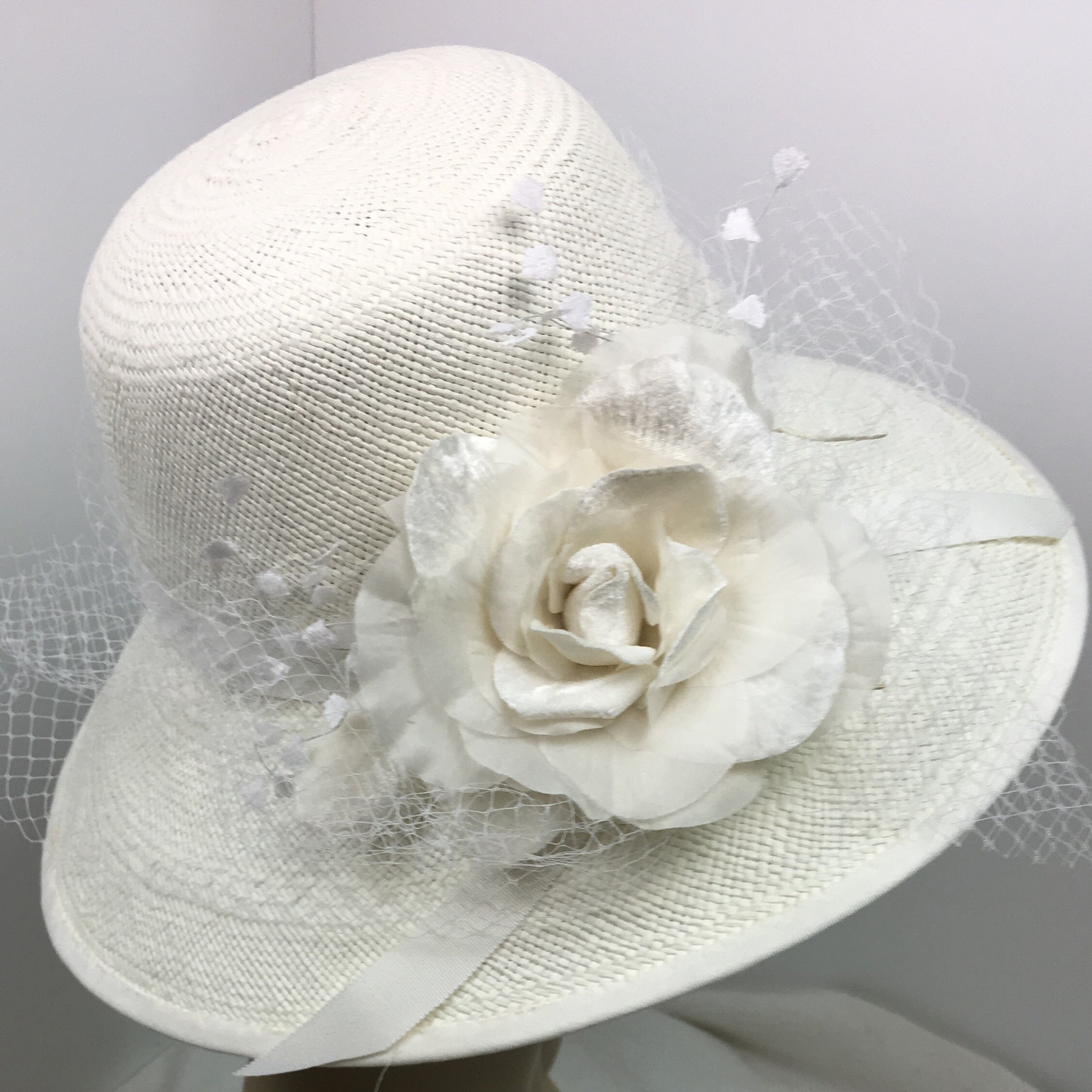 White Panama Straw Hat Woman's Hand Made 4 Brim Wedding Special Occasion