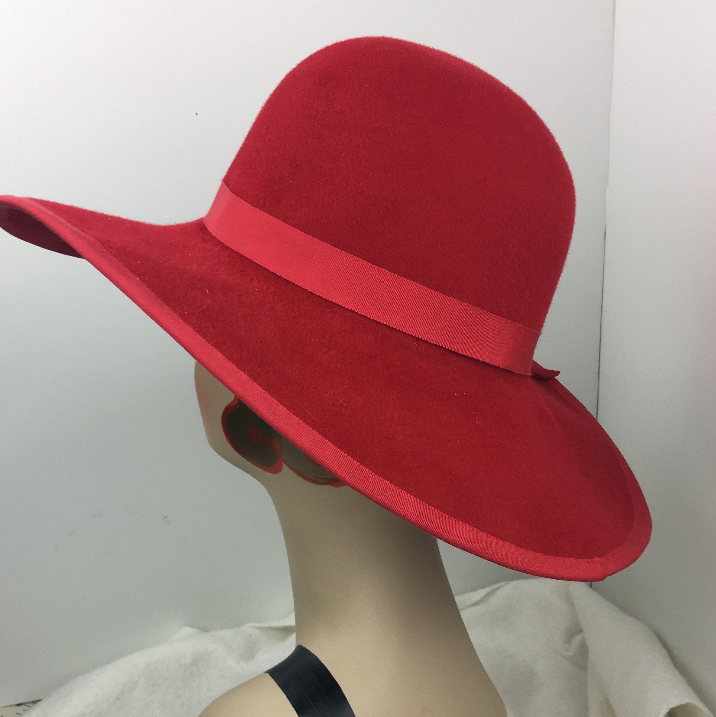 Woman's Velour Millinery Hat Large Brim Red Hand Sewn Vintage Look