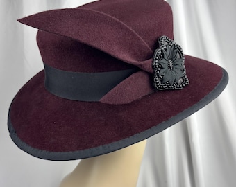 1940s  Style Velour Felt Hat, Plum With Black,  Handmade millinery